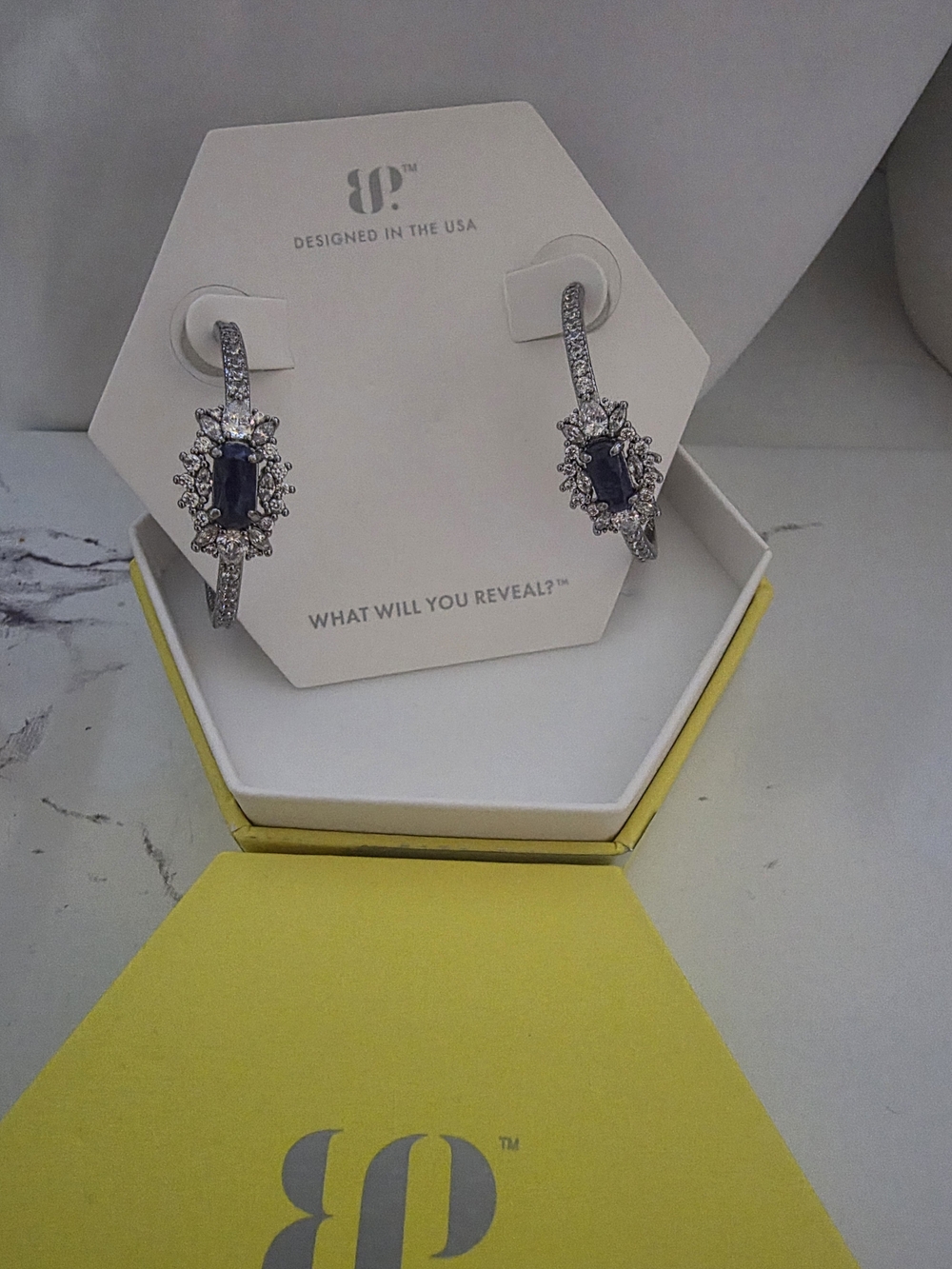 bp Silver-Tone Earrings with Dark Blue Center Stones